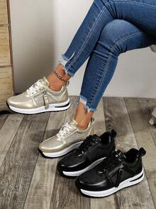 Women's Lace-Up Black Sequin Color Block Low Top Casual Sneakers, Women's Fashion Comfort Lightweight Minimalist Design Platform Shoes, Outdoor Versatile Skateboard Shoes, Thick Sole Elevator Shoes - Black - View 2