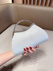 女士褶皱晚宴手拿包，优雅褶皱吻锁晚宴手拿包，闪亮金属框架单肩手提包，吻锁晚宴手拿包，适合派对、婚礼和宴会的完美手拿包，精致漆面方形晚宴手拿包，派对女孩手拿包，女士 - 銀色 - 查看 3