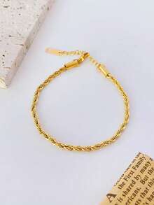 1pc 18k Gold Plated Stainless Steel Minimalist & Chic Twisted Rope Bracelet, Niche Design - Yellow Gold - View 2