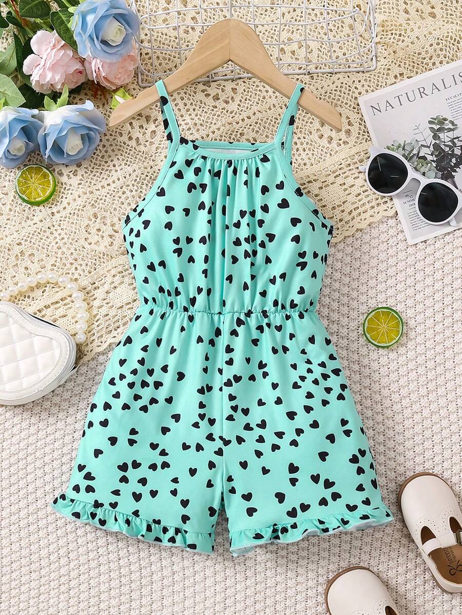 Young Girl Fashion Heart Pattern Spaghetti Strap Jumpsuit, Suitable For Summer - Green - View 1