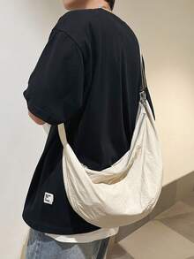 1pc Peach Tree Fashion Minimalist Solid Color Large Capacity Adjustable Strap Crossbody Shoulder Bag, Multi-Pockets Vintage For Daily/Shopping, Lightweight Water-Washed Nylon - Beige - View 5