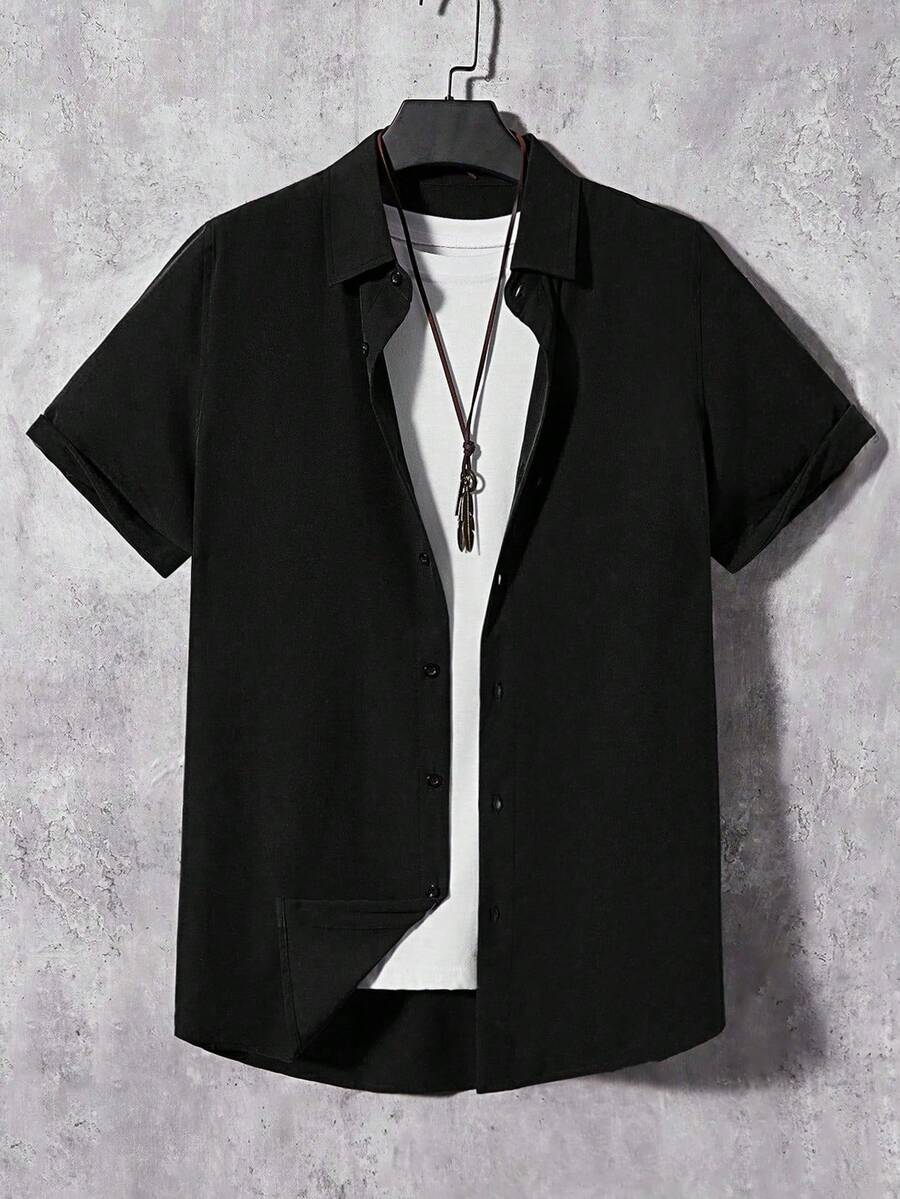 BR Modomio Men's Summer Short Sleeve Casual Woven Shirt - 黑色 - 查看 1