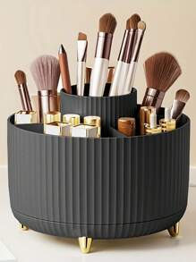 1pc 360° Rotating Makeup Organizer,Plastic Cosmetic Storage With 5 Compartments,Multi-Functional Holder For Brushes,Lipsticks,Skin Care Products,And Stationery, Unscented Desk Caddy With Luxury Stripe Design Home Bathroom Decor Fall Decor Makeup Organizer Back To School