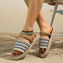 编织仿亚麻带夏季女士拖鞋，海滩度假必备凉鞋，舒适醒目，脚底柔软 - 彩色 - 查看 3