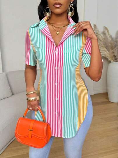 Plus Size Women Striped Print Lapel Short Sleeve Split Hem Shirt