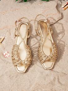 Sandali piani eleganti da donna, con punta quadrata, intrecciati, con tacco piatto, cinturino posteriore, leggeri e traspiranti, adatti per feste e uso quotidiano