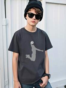 Tween Boy Basketball Print Dark Gray Crew Neck Short Sleeve T-Shirt, Suitable For Tween Boys, Summer Top - Dark Grey - View 6