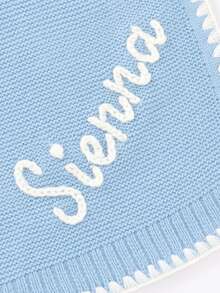 Customizable Handmade Embroidered Name Wave Edge Knitted Throw Blanket, Minimalist Design For Kids, Infant Swaddle Blanket, All Season - Blue - View 4