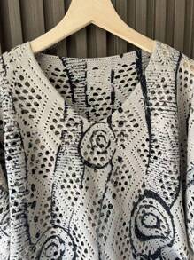 Women's 3D Painting Hollow V-Neck Loose Casual Knit Sweater