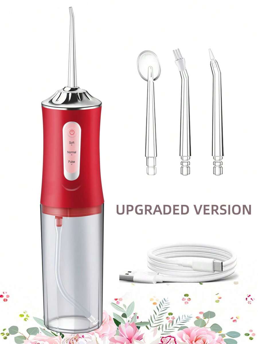 4合1口腔清潔電動沖牙器,USB充電式,3種模式與4個噴嘴,220ml容量,便攜式適用於居家、商務出差與旅行,手持式家庭護理套裝,適合送給男女的禮物 - 玫紅色 - 查看 1