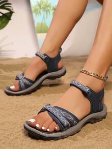 Women's Outdoor Sandals, Beach Shoes With Contrast Color Woven Strap,Hook And Loop, Massage Footbed, Dual-Color Non-Slip Outsole, Sport Sandals - Blue - View 5