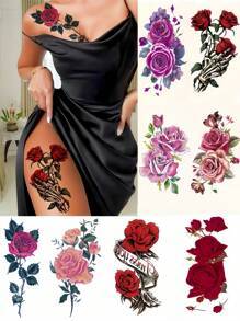 8 Blatt Blumen Temporäre Tattoos, Blumen Tattoos für Frauen, sexy Rose Tattoos, realistische Fake Tattoos, modischer Körperschmuck für Partys, Festivals und Styling-Accessoires