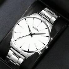 3pcs/Set Men's Silver Stainless Steel Strap Quartz Watch Set, Simple Business Style, Party Decoration Gift - Silver - View 2