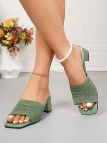 New Fresh Green Knit Fabric Open Toe Square Toe Design Chunky Heel Breathable Fashion High Heel Sandals, Casual Versatile, Women's Top Choice