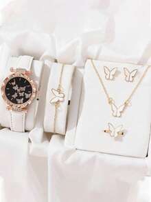 6 Stücke/Set Jugendliche einfache Bar Markierung Schmetterling Zifferblatt Lederarmband Quarzuhr + elegante Halskette Geschenkset, geeignet für Geburtstag, Abschluss, Schulabschluss usw.