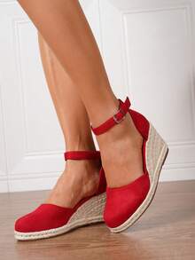 女士仿皮坡跟凉鞋，夏季假日红色套脚圆头3.15英寸高跟鞋，舒适编织草镂空鞋底平底鞋 - 紅色 - 查看 5