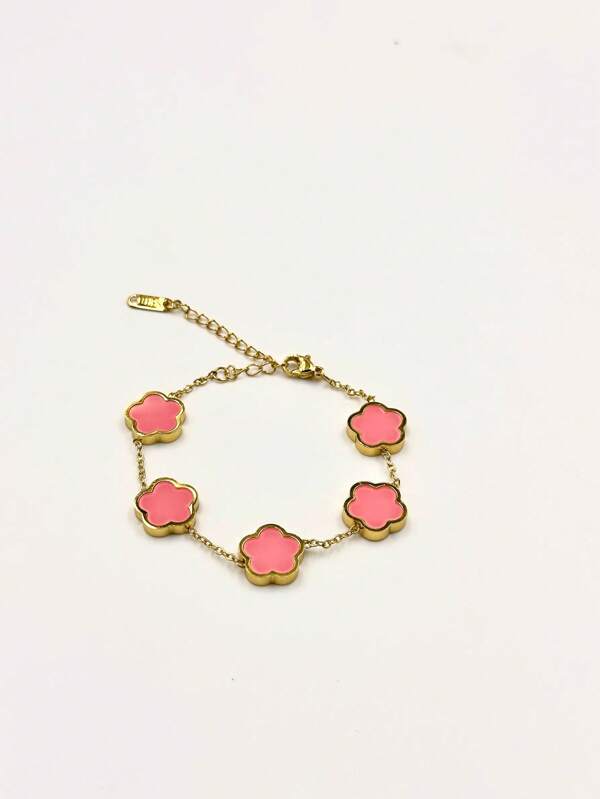1pc Fashionable Mother-Of-Pearl Lucky Double-Sided Five-Leaf Flower Stainless Steel Bracelet