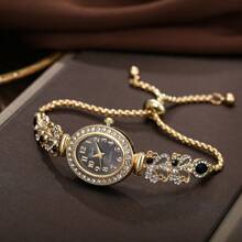 1 pieza Reloj de pulsera de cuarzo con esfera oval de números, elegante y con diamantes de imitación, con correa ajustable