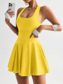 TCVC Ladies Seamless Knit Pocket Sportswear Dress, Camisole Racerback Design, Sleeveless Crew Neck Tennis Dress, Indoor/Outdoor Sports & Yoga, Skin-Friendly Fabric, Tight-Fit Shaping - Yellow - View 5