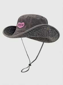 1pc Unisex Sweet Cute Heart Embroidered Pink Patch Bucket Hat With Wind Cord, Versatile For Outdoor Hiking, Fishing, Sports, Beach, Riding, Travel,Summer - Pink - View 12
