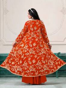 Indo-Western Embroidered Faux Georgette Wedding Wear Jacket Style Sharara Suit For Girls & Women - 橘色 - 查看 3