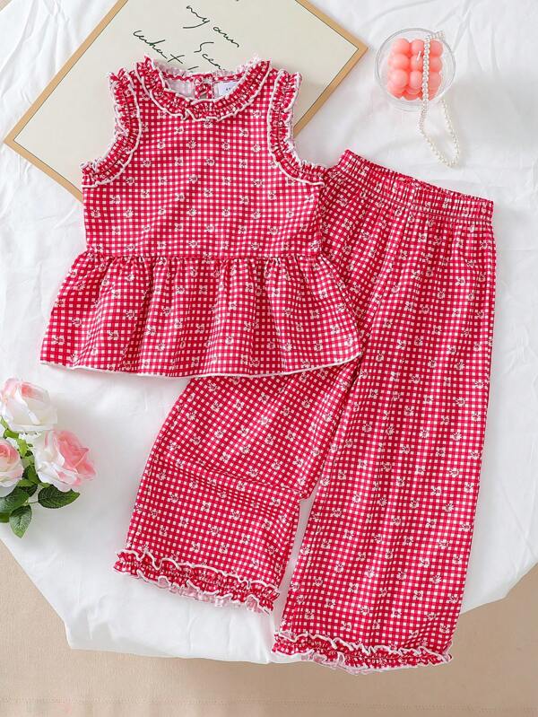 2pcs/Set Girls Summer Tank Top And Wide Leg Pants Set, Floral Checked Digital Printing Ruffle Hem Sleeveless Tee + Loose Checked Print Wide Leg Pants, Suitable For Home, Outgoing, And Play