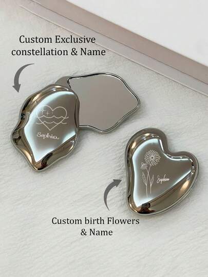 1 Stück Edelstahl Kleine Spiegel, Make-up Spiegel unterstützt Gravur, Geburtstag, Blume, Sternzeichen, Wolke, Herz Design, kompakt und tragbar, multifunktional, dekorativ, Buchstaben, einfarbig, exquisit, stilvoll, vintage, modern, bunt, Lässig, Basics, lässig, weich, einzigartig, angepasst, personalisiert, ideal als Geschenk für sie, Freundin, Großeltern, Familie, Freund, Mutter