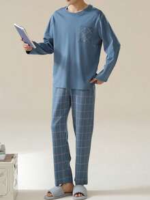 AICJ 男士休闲宽松纯色圆领套头睡衣套装，浅色简约家居服长袖上衣和裤子，情人节和新年礼物，秋冬服装