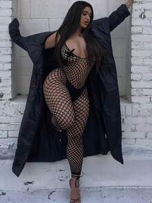 Conjunto de Lingerie Sexy Feminina, Bodysuit de Renda Preta Vazado em Tela, Design Sem Costas com Amarração, Macacão de Alta Elasticidade, Perfeito para Encontros - Preto - Visão 4