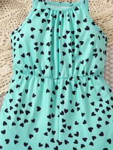 Young Girl Fashion Heart Pattern Spaghetti Strap Jumpsuit, Suitable For Summer - Green - View 3