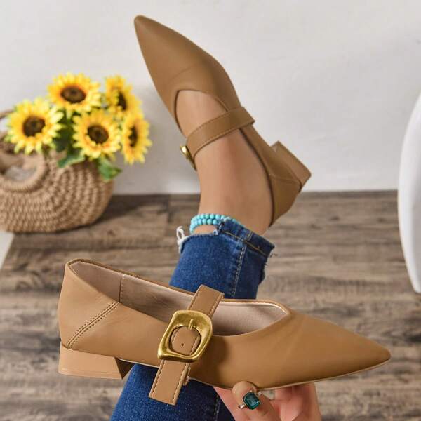 2025 Spring/Autumn New French Pointed Toe Mary Jane Shoes, One-Buckle Shallow Women Retro Mom Shoes, Fashionable Simple Versatile Soft Leather Low Heel Shoes