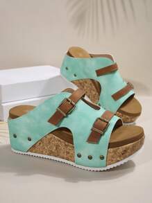 2025 Summer New European And American Fashion Double Buckle Rivet Decor Plus Size Wedge Thick Bottom Slide Sandals