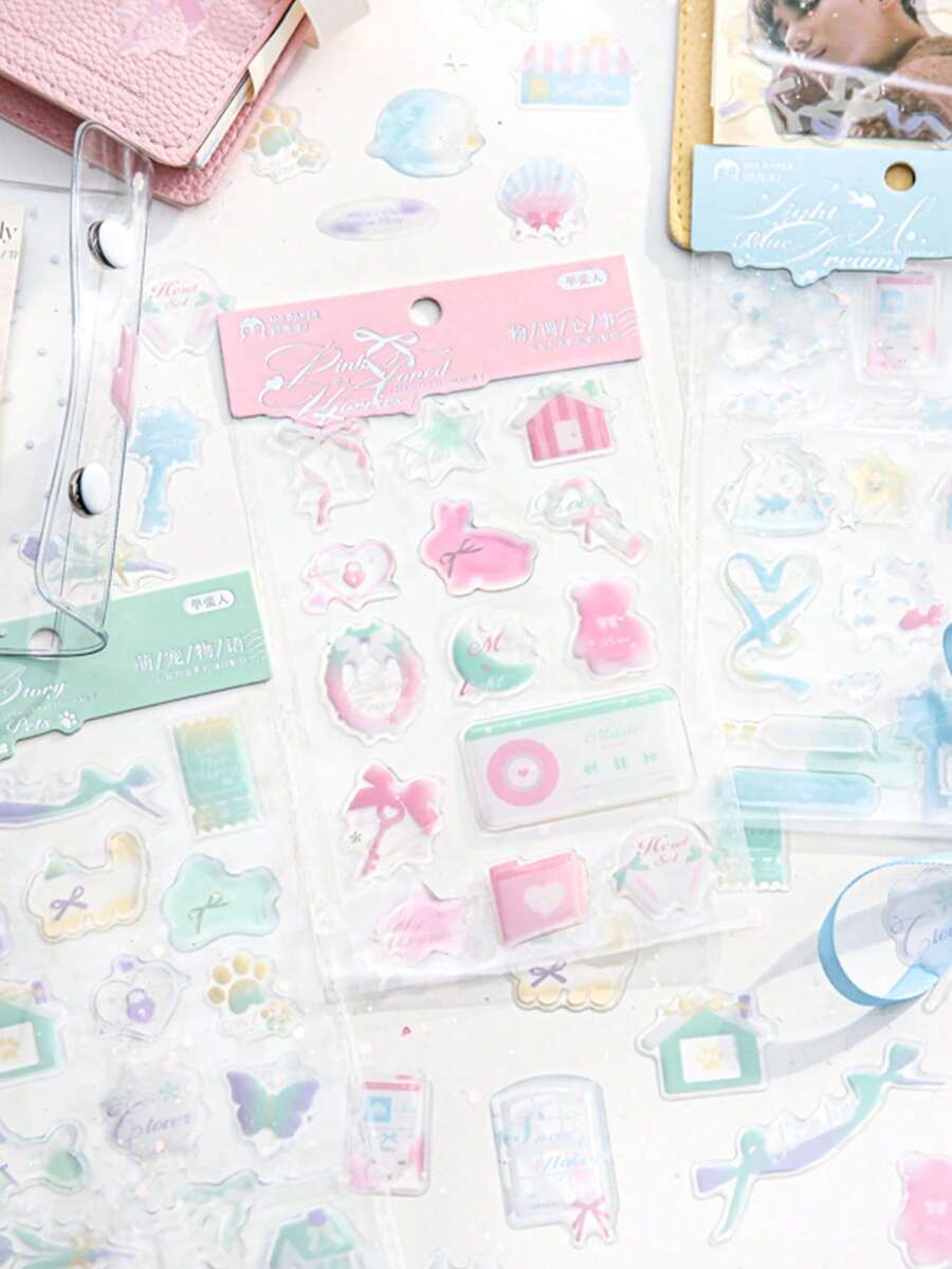 1pc Random Korean Ins Style Resin Snow Flower Heart Design Sticker, Romantic Decorative Sticker For Scrapbooking, DIY Cutting Transparent Sticker - Multicolor - View 1