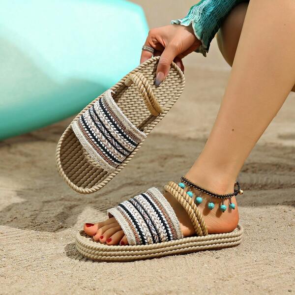 Woven Faux Linen Strap Summer Women Slippers, Beach Holiday Essential Sandals, Comfortable And Eye-Catching, Soft Underfoot