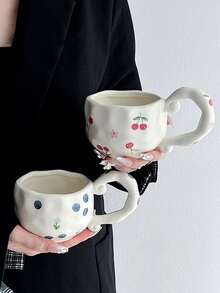 1 pieza Taza cerámica asimétrica pintada a mano, con patrones de cereza y arándano, estilo vintage japonés, taza de té/café de alta calidad para oficina, taza de agua, regalo de taza de cerámica, apta para todas las estaciones - Multicolor - Ver 4