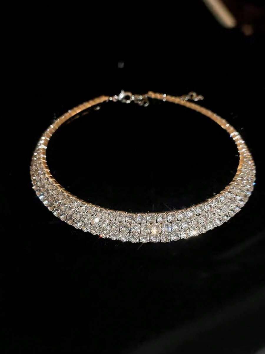 Women Fashion Rhinestone Necklace For Party,2Pcs/Set Necklace And Bracelet Jewelry Decoration Rhinestone Fashion Accessories Set,Women Alloy Pendant Necklace Bracelet And Earrings Set For Wedding And Bridal,Rhinestone Round Choker Necklace Gold/Silver - 三排金色水鑽 - 查看 1
