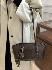 1 pieza Bolso de bolos de color marrón café acolchado con cremallera y unicolor de PU, grande y con capacidad, nueva moda con textura de fieltro, estilo retro de silla de montar para el hombro, adecuado para uso diario de mujeres