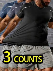 3件装男士夏季休闲运动速干透气短袖T恤，带反光标志，面料柔软舒适，适合健身、跑步和户外活动 - 彩色 - 查看 6