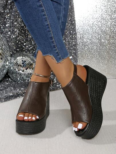 时尚女士踝带厚底凉鞋 - 露趾设计，高跟系带闭合，一脚蹬，百搭