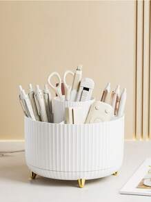 1pc 360° Rotating Makeup Organizer,Plastic Cosmetic Storage With 5 Compartments,Multi-Functional Holder For Brushes,Lipsticks,Skin Care Products,And Stationery, Unscented Desk Caddy With Luxury Stripe Design Home Bathroom Decor Fall Decor Makeup Organizer Back To School