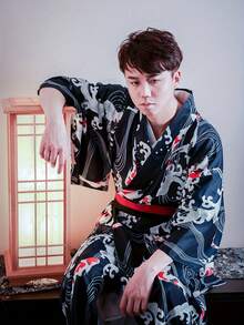 Polyester Samurai Warrior Kimono Suit, Traditional Japanese Style - Navy Blue - View 3