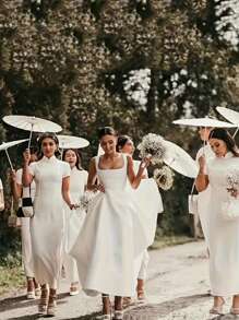 6 Stücke elegante weiße Hochzeitsschirme für Brautjungfern und Fotoshootings - leicht, tragbar und ideal für romantische Anlässe