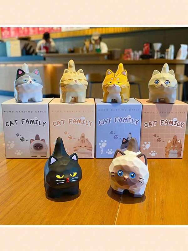 1pc Creative Cartoon Wooden Style Cat Resin Figurine, Decorative Accessory For Home, Car, Desktop, Gift For Mother's Day, Birthday, Back To School, Graduation, Wedding