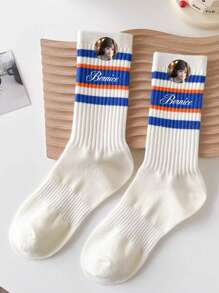 1Pair Striped Socks For Women's Mid-Tube Socks Ins Internet Celebrity Style Super Hot Versatile Sports Wear Solid Color Stockings Long Tube High Waist Personalized Text Customization