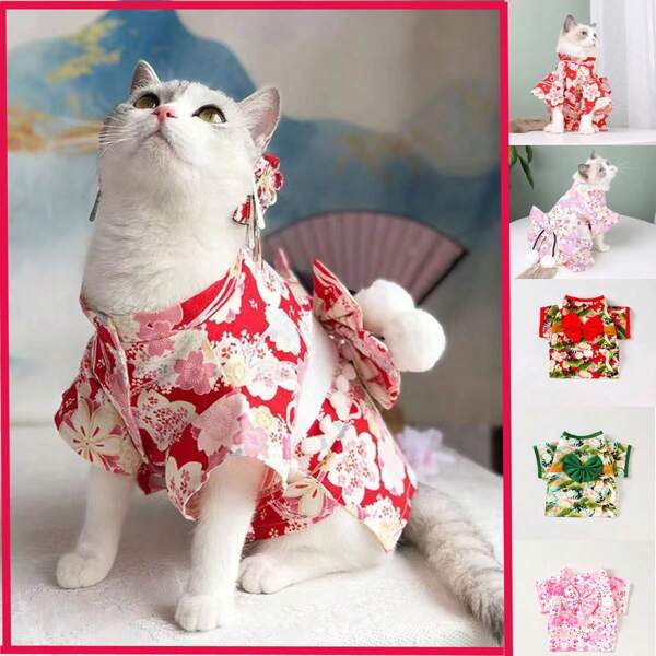 5 Pet Kimono Combinations - Dog Kimono, Cat Kimono, Pet Kimono, Japanese Style Bow Decoration, Cute , Dog Clothes, Cat Clothes, Pet Clothes