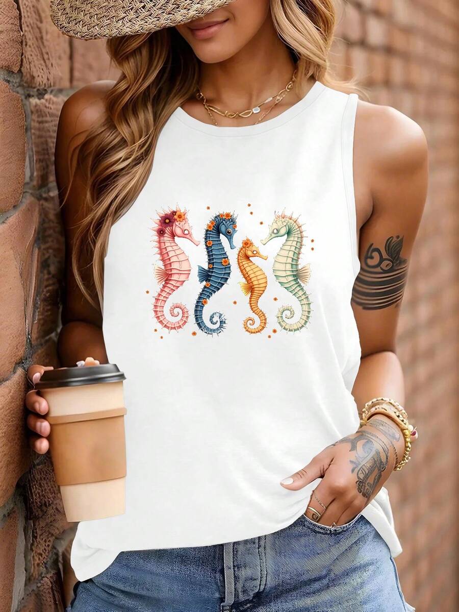 Embellishments Intricately Designed Seahorses Women's Vest - 白色 - 查看 1