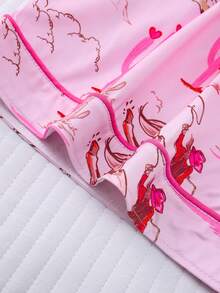 2 件套女式西部牛仔骑马数码印花睡衣套装，短袖上衣短裤，春夏季，翻领，纽扣休闲家居服套装 - 珊瑚粉 - 查看 8