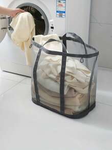 2pcs/1pc Casual Style Nylon Mesh Laundry Basket With Handle, Retractable Shape, Foldable And Wall-Mounted, Suitable For Various Room Types, Unlined - Dirty Clothes Storage Organizer