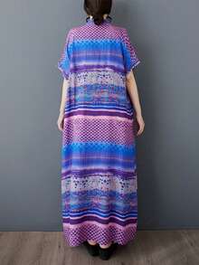 2025 Sommer Neues Lässiges Kleid mit V-Ausschnitt und Kurzarm, Boho Casual Urlaubs Strandkleid, Elegantes Langes Kleid, Nachthemd Unterhemd, Lila - Farbbalken - Übersicht 5