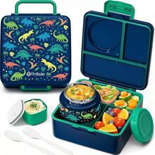 Caja Bento para Niños y Adultos con Termo, Contenedor de Almuerzo para Niños de 3-4 Compartimentos de 60OZ con Tarro de Comida Aislado de 8OZ a Prueba de Fugas, Tarro de Salsa, Utensilios para Niños y Niñas, Libre de BPA y Apto para Lavavajillas - B5.Dinosaurios de la jungla - Ver 2